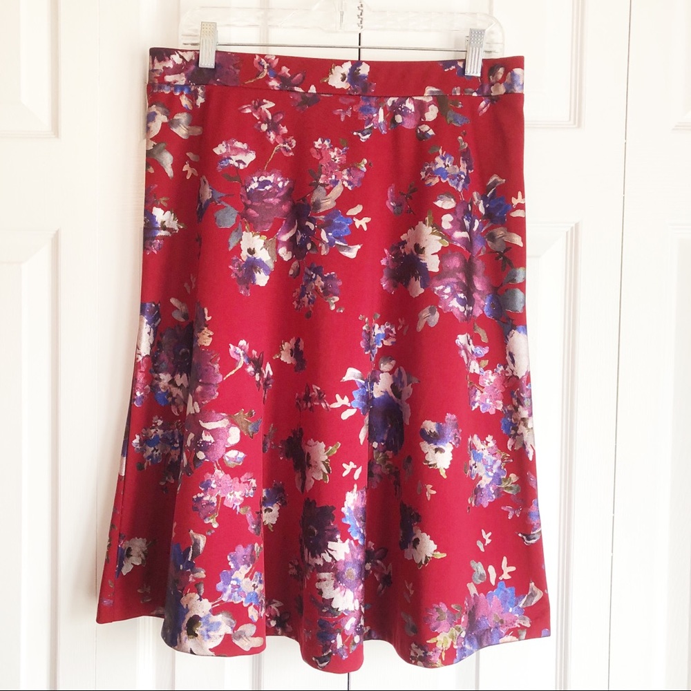 ECI New York Red Floral Print Stretch Pull-On A-Line Midi Skirt Large
